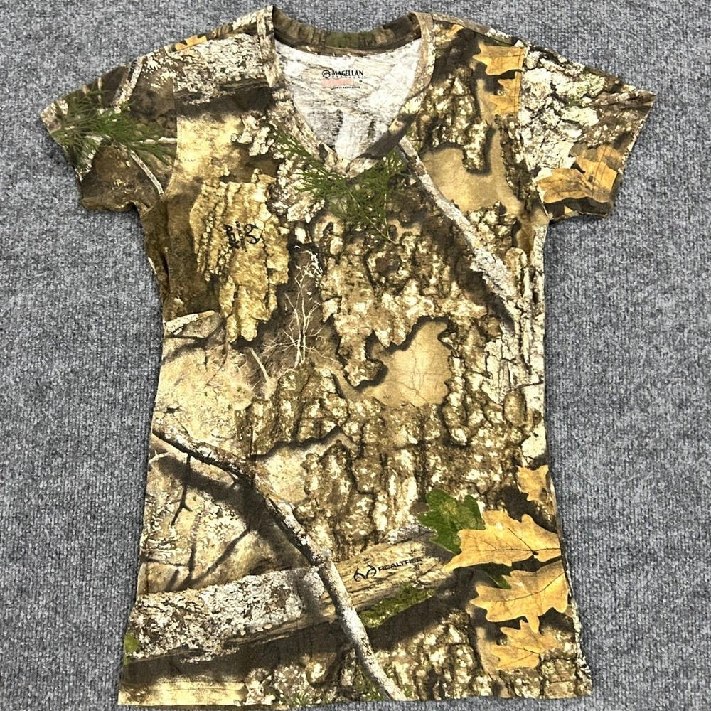 Magellan T-Shirt Womens Size S Realtree APX Camo V-Neck Short Sleeve Hunt Gear